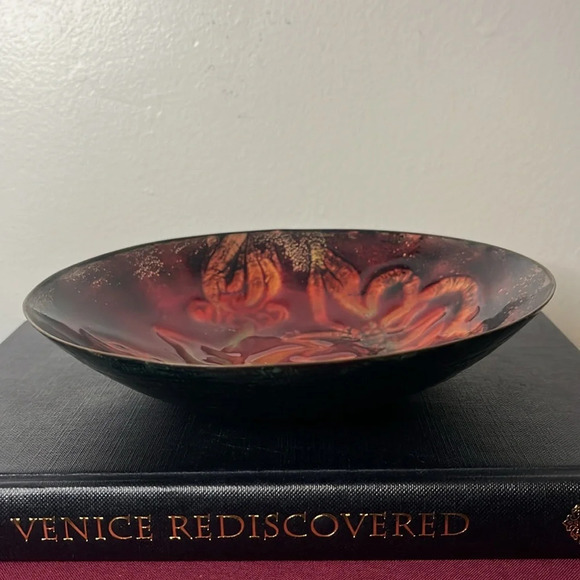 Enamel Copper Burgundy Gold flecks Flower Leaf Design Hand Crafted Bowl Signed - Picture 2 of 9
